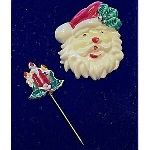 Lot of 2 Pins VTG Christmas Red Candles Stick Pin Santa Face Jewelry Plastic GUC